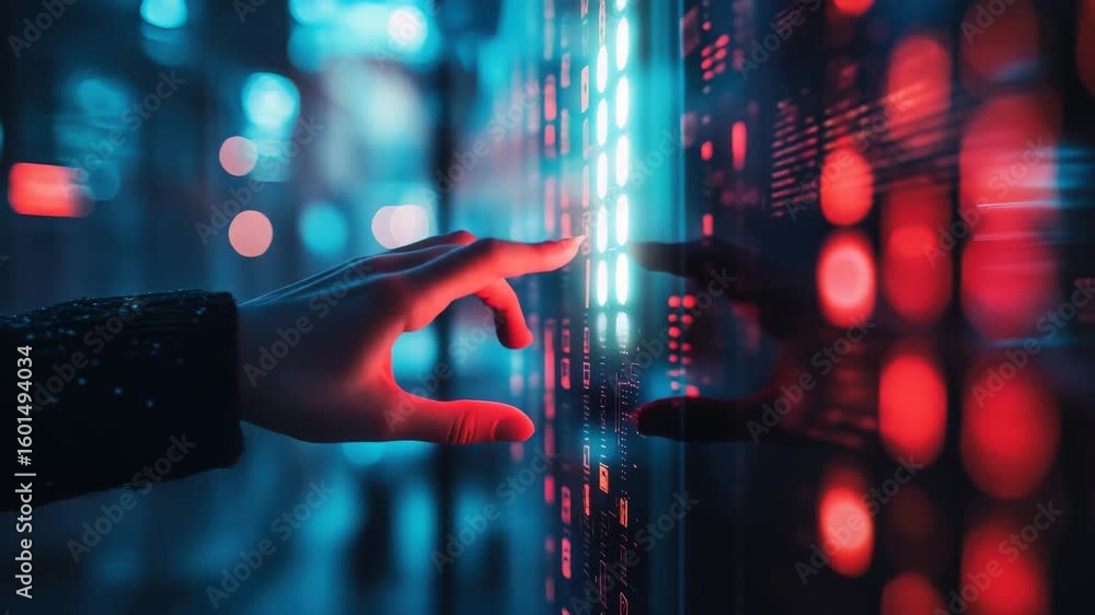 Poster futuristic technology concept with a hand interacting with a holographic display interface screen