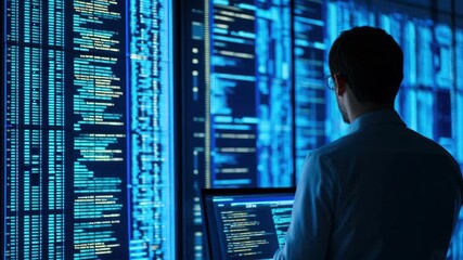 A software engineer coding in a server room, blue light illuminating the programmer creating - Powered by Adobe