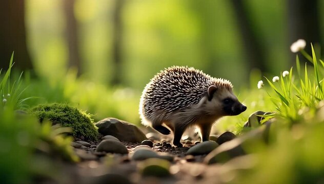 European hedgehog jumping over small rocks