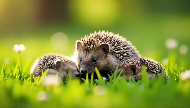 European hedgehog resting protectively near its babies