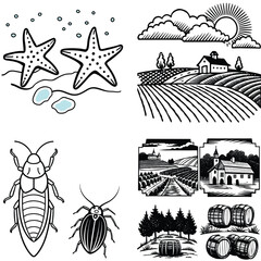 Vector art of a collection of illustrations depicting marine life countryside landscapes insects and barrels isolated on white background
