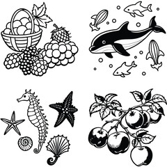 Vector art of a collection of illustrations showcasing fruits marine life and apples isolated on white background