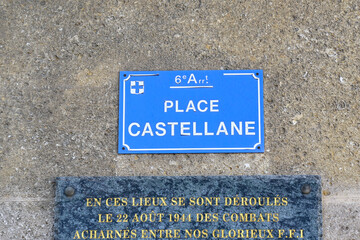 Marseille, France : Street sign of Place Castellane in the 6th arrondissement of Marseille, France. Commemorative plaque, urban memory, historic city, Marseille, France