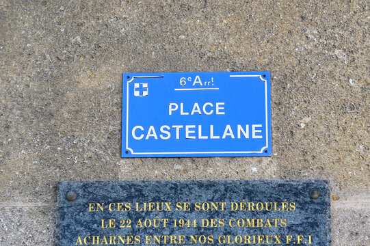 Fototapeta Marseille, France : Street sign of Place Castellane in the 6th arrondissement of Marseille, France. Commemorative plaque, urban memory, historic city, Marseille, France