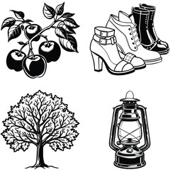 Vector art of a collection of four distinct black and white illustrations including apples on a branch boots a tree and a lantern