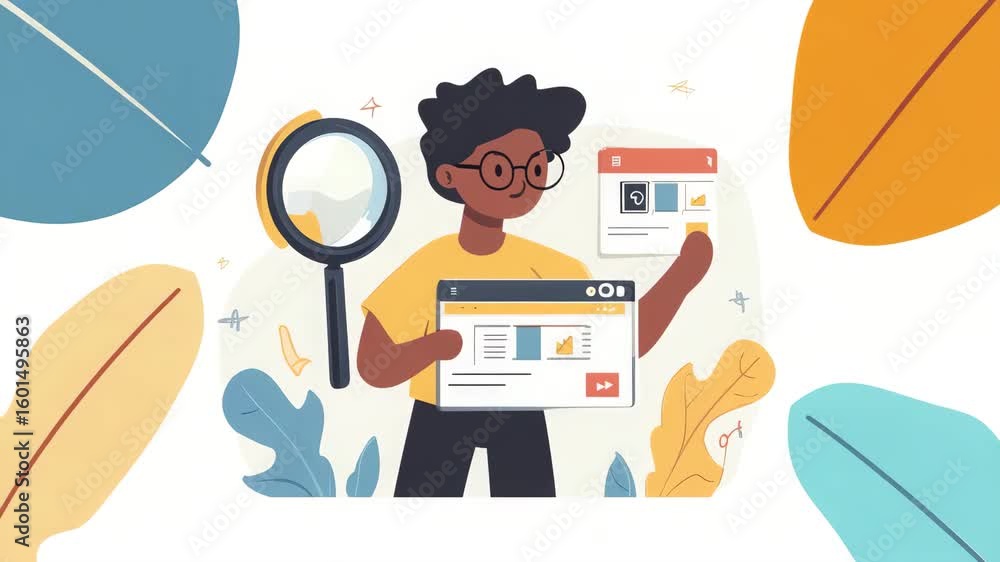 Aufkleber cartoon character analysis with magnifying glass and diagrams explaining data and findings in a