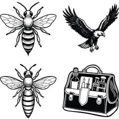 Vector art of a collection of bees and a medical satchel isolated on white background