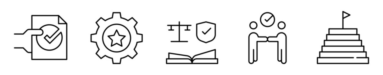 Conjunto de iconos de buenas prácticas. Estándares de calidad, ética y objetivos. Normas, excelencia, código de ética, trabajo conjunto y propósito. Ilustración vectorial 