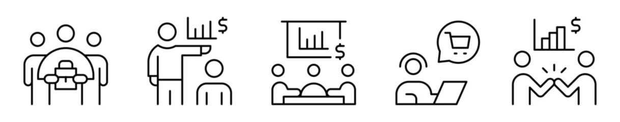 Conjunto de iconos de equipo de ventas. Capacitación, estrategia y colaboración comercial. Presentación de producto, capacitación, estrategia comercial, venta digital y metas alcanzadas