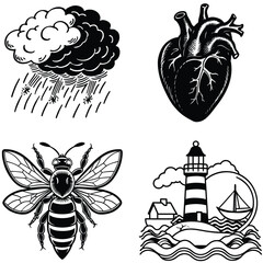 Vector art of a collage of diverse illustrations featuring a stormy cloud with rain a human heart a bee and a lighthouse with a sailboat