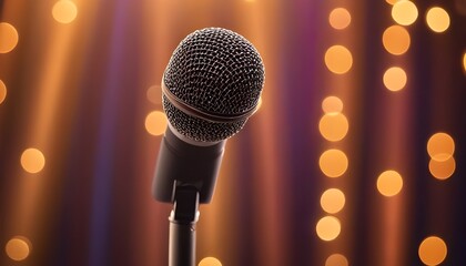 Microphone with bokeh light background, Stand up comedy show, Karaoke or singing contest, Background for poster design, Open mic and jokes show