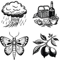 Vector art of a vintage collection of illustrations showing a butterfly lemons on a branch a picnic spread and a rain cloud