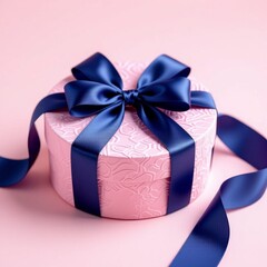 pink gift box with midnight blue ribbon isolated on pink background