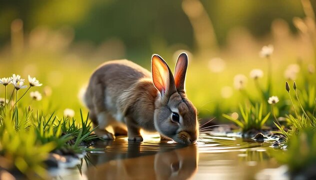 European rabbit drinking water from a puddle