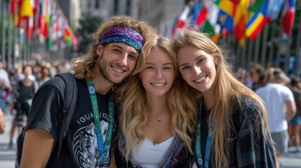 Fototapeta premium Cheerful young diverse friends pose smiling at a large outdoor event. Colorful flags of many countries wave in the bright sunlight, symbolizing global connection and shared future.