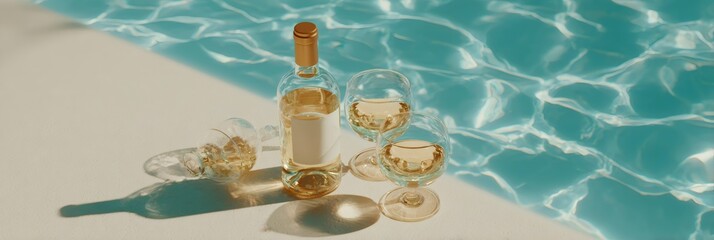 Top view of a white wine bottle, two full glasses, and one empty glass by a swimming pool. Concept for summer vacation and relaxation.