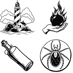 Vector art of a vintagestyle collection of illustrations featuring a lighthouse a flaming ball in a hand a message in a bottle and a tick isolated on white background