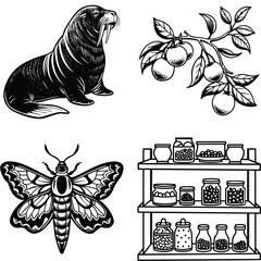 Vector art of a collection of vintage illustrations featuring a walrus an orange branch a moth and a pantry shelf with jars