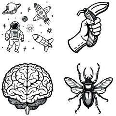 Vector art of a whimsical collection of spacethemed doodles a hand holding a banana and a detailed illustration of a human brain and a beetle isolated on white background