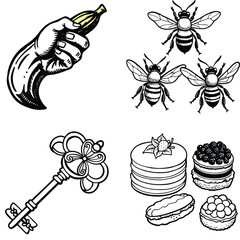 Vector art of a collection of vintage illustrations featuring a hand holding a banana bees an ornate key and assorted pastries