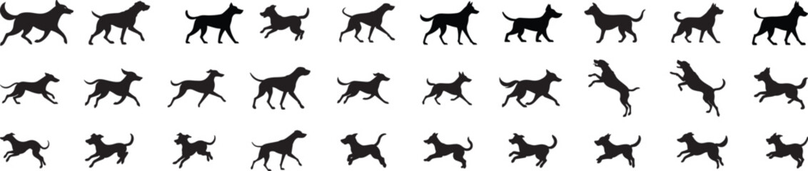 Dog Walking Running Jumping Silhouette Icon Set – Pet Animal Motion Vector Collection