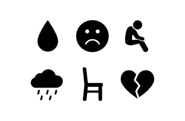 solid icon isolated sadness (emotions): tear drop gloomy face slumped figure lonely rain cloud empty chair broken heart