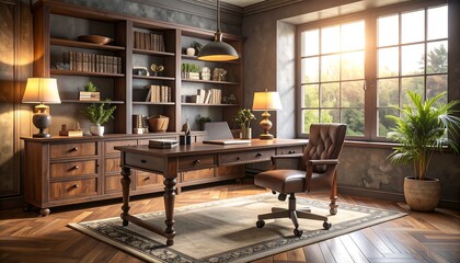 Home Office Interior with Desk, Bookshelves and Natural Light