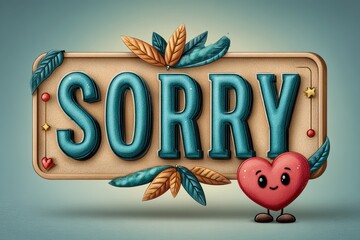 Cute cartoon heart character with sorry message and decorative leaves