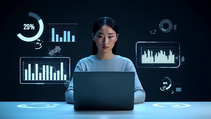 Asian woman working on a laptop with a futuristic holographic data interface, a business analytics concept
- Powered by Adobe