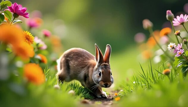 European rabbit walking cautiously near bushes
