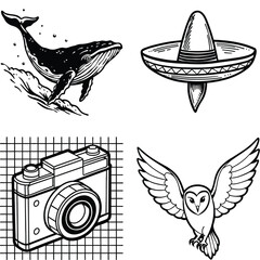 Vector art of a collection of vintage illustrations featuring a whale a sombrero a camera and an owl isolated on white background