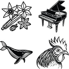 Vector art of a collection of vintage illustrations featuring spices a grand piano a whale and a rooster isolated on white background