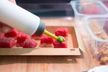 Organic meat sushi. Meat sushi recipe. Step by step preparation. Mixed tray of your choice.