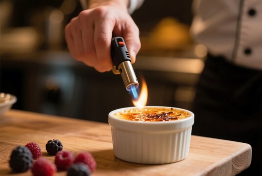 Pastry chef torching crème brûlée with flame, white ramekin and warm kitchen bokeh, dessert photography for artisan culinary visuals - Powered by Adobe
