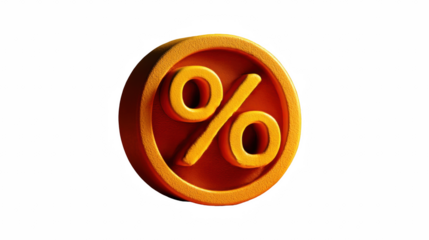 Embossed golden percentage symbol featuring a textured surface casting shadows creating depth, showcasing finance and discounts on transparent background