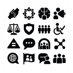 Community silhouette icons set: handshake, group, globe, megaphone, balance, shield, wheelchair, message, connection