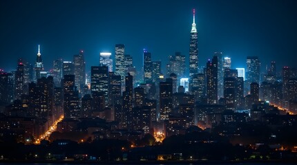 Obraz premium Nighttime city skyline with glowing windows and streetlights, capturing urban vibrancy