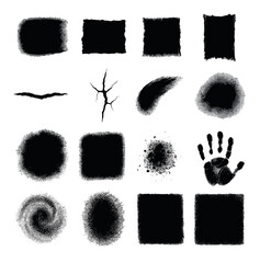 Grunge silhouette icon set. containing square, crack, brushstroke, splash, smudge, handprint, torn paper, halo and more.