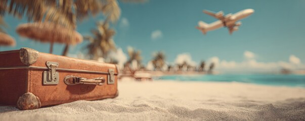 Brown vintage suitcase on sandy beach with palm trees and ocean. Airplane flies over tropical travel destination for summer vacation.