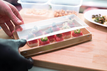 Organic meat sushi. Meat sushi recipe. Step by step preparation. Mixed tray of your choice.