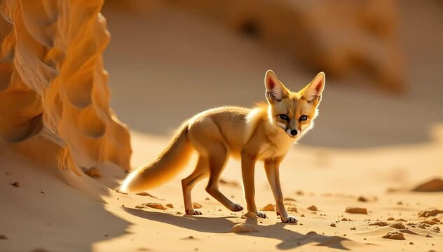 Fennec fox walking carefully near rocky dunes