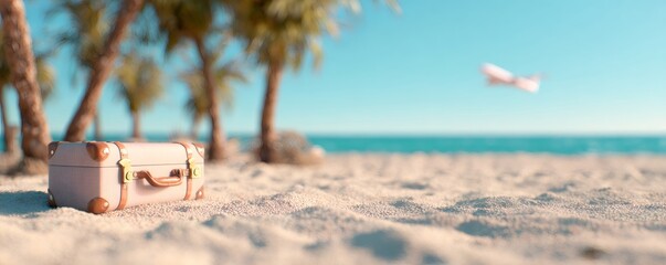 Classic suitcase on a sunny beach with palm trees and ocean in the background, a plane flies overhead. Vacation travel.