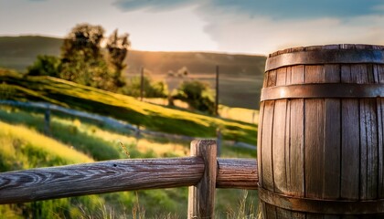 Obraz premium an old wooden barrel next to a wooden fence in the countryside