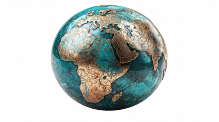 Decorative world globe featuring Europe, Africa, and Asia, with bronze continents and teal seas, presented on transparent background.