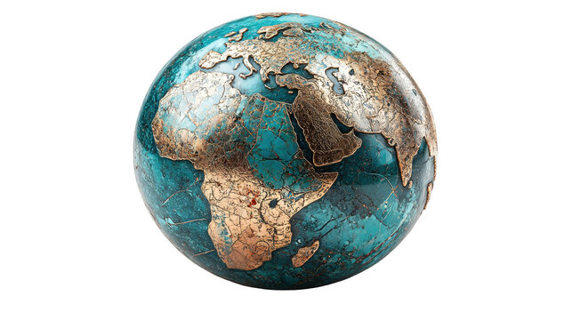 Decorative world globe featuring Europe, Africa, and Asia, with bronze continents and teal seas, presented on transparent background.