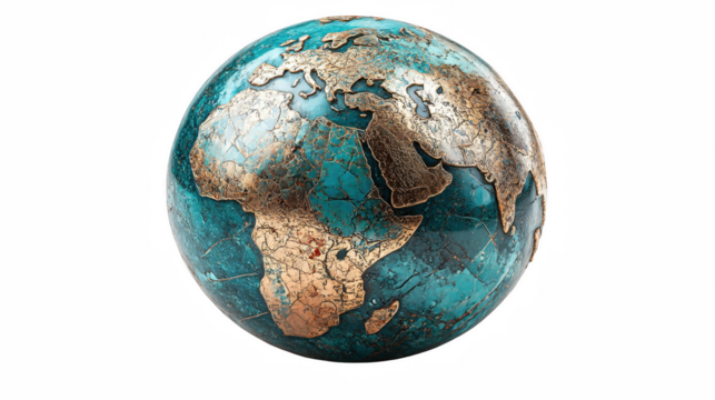 Decorative world globe featuring Europe, Africa, and Asia, with bronze continents and teal seas, presented on transparent background.