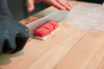 Organic meat sushi. Meat sushi recipe. Step by step preparation. Mixed tray of your choice.