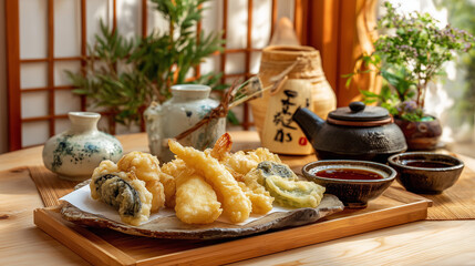 A delicious assortment of tempura served on a platter with dipping sauce and japanese decor setting