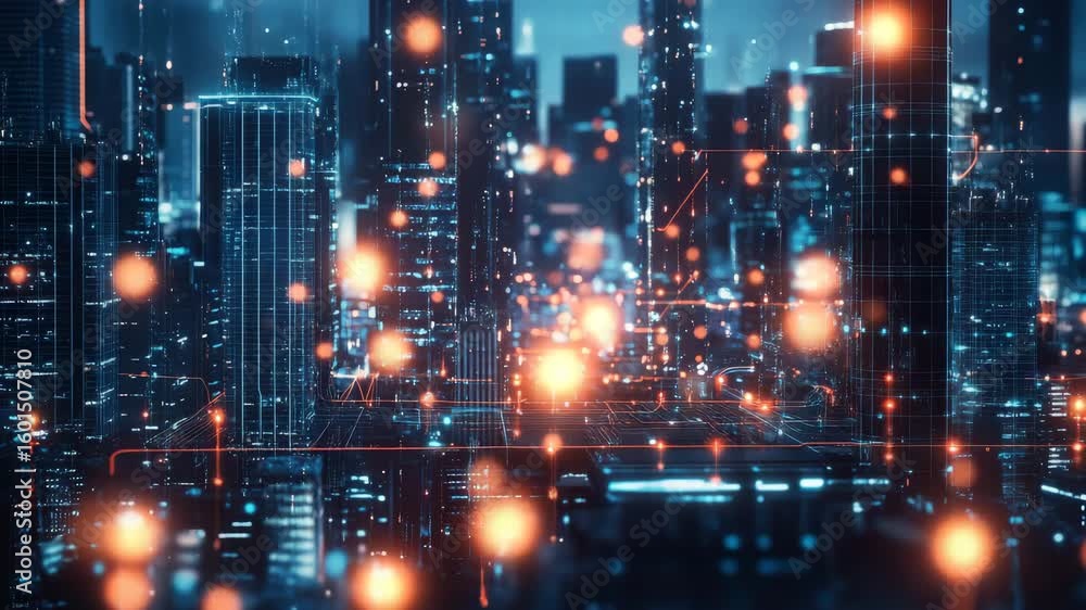 Poster futuristic city network with glowing nodes and data streams, representing connectivity and