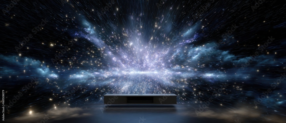 Poster cosmic big bang display on screen with expansive universe scene for content creation